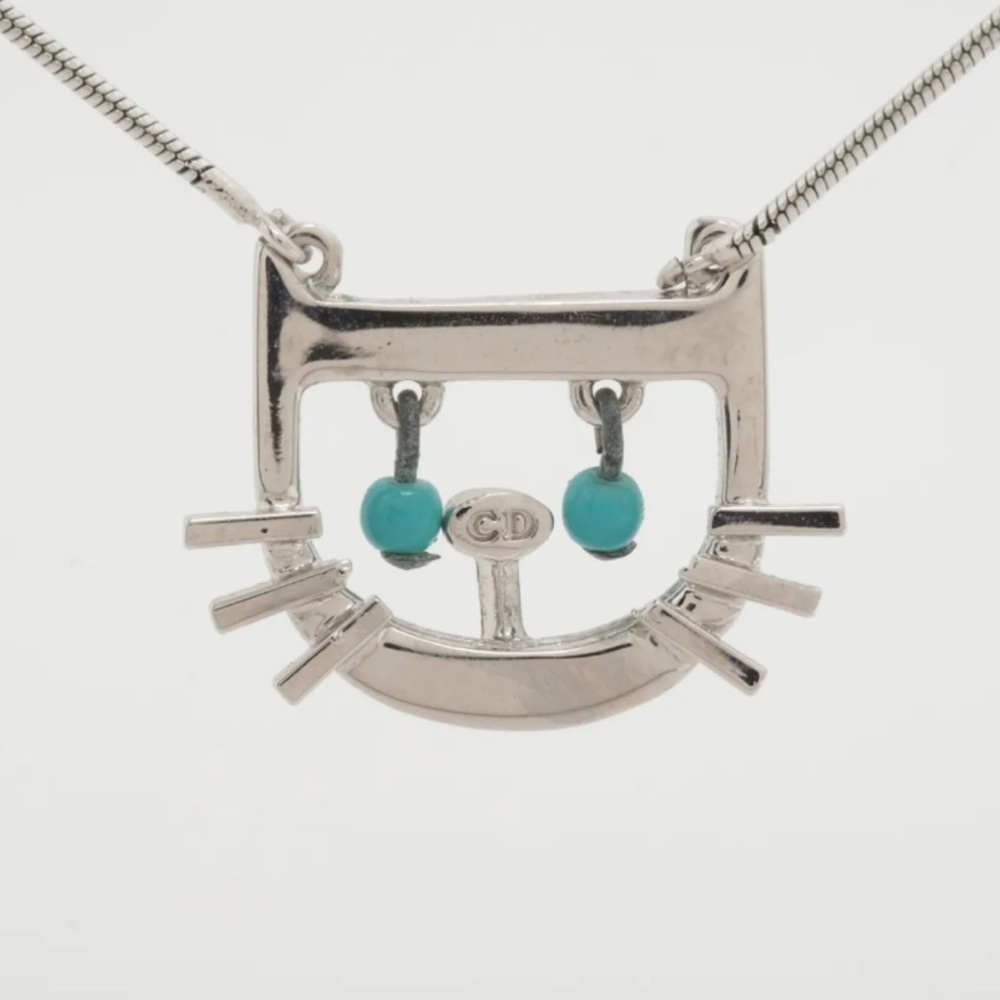 Christian Dior Silver Turquoise Cat Pendant Necklace - Picture 2 of 7